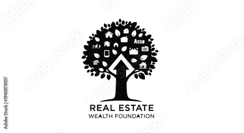Real estate logo with tree and house, wealth foundation symbol