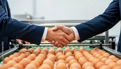 Deal on the Line: Two individuals seal a significant agreement with a firm handshake, symbolizing partnership and a mutual commitment amidst a backdrop of freshly produced items. 