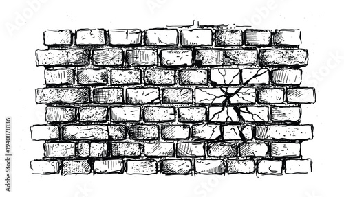 Illustration of a cracked brick wall section with detailed texture, brickwork, and mortar joints in black and white.
