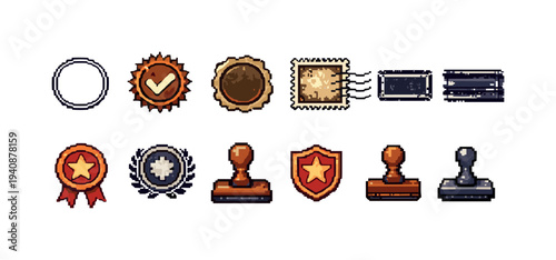 Vintage badge and stamp icon set. retro, postal, award icons in filled style.