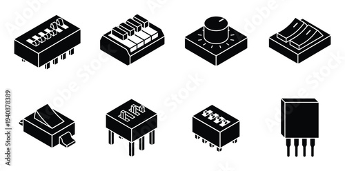 Isometric DIP switch package array icons set, including toggle, rocker, rotary, slide and block switch styles for electronics
