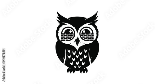black owl icon with big eyes, nocturnal bird symbol