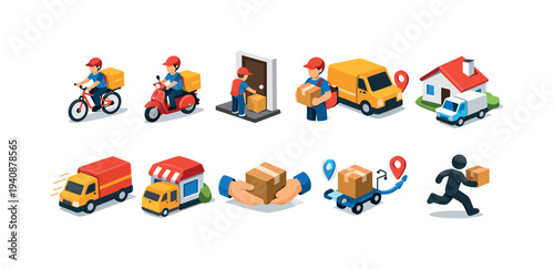 Delivery and logistics isometric icon set. parcel, shipping, transport 3d icons collection.