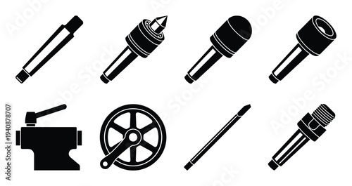 Lathe tailstock live center icons set. Turning machine components, lathe accessories equipment design. Tools illustration