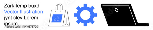 E-Commerce, online shopping, technology, gear mechanism, digital tools, business innovation. Shopping bag, gear icon and laptop illustration. E-Commerce and online shopping concept