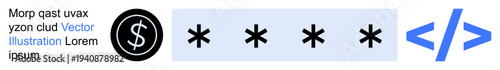 Data protection, software development, online transactions, financial security, coding, backend systems. A dollar symbol, password entry and code icon. Data protection and online transactions