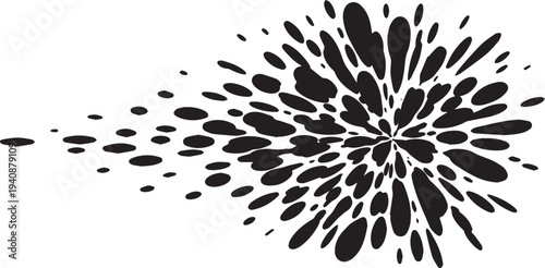 Abstract Black Ink Splatter Explosion Vector Illustration with Dynamic Droplets Spreading Outward from a Central Point on White Background