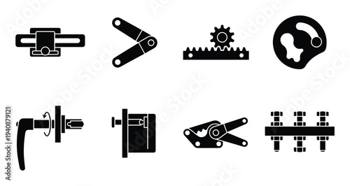 Mechanical components silhouette collection gear rack, hinge, door handle, bolt, cam, clamp detailed vector icons