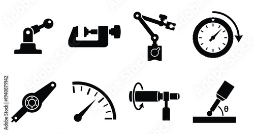 Metrology Icons Collection: Precision measurement instruments, dial indicators, test probes, angle measurements devices vector set.