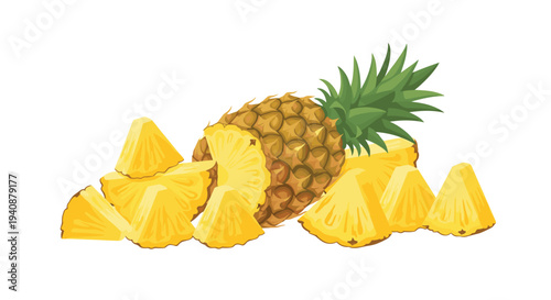 A whole pineapple with its crown is laid horizontally, encircled by various cut pineapple chunks and wedges on a white surface.