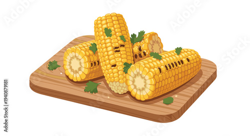 Four grilled corn cobs, some halved, are casually placed on a wooden cutting board with green herbs and salt.