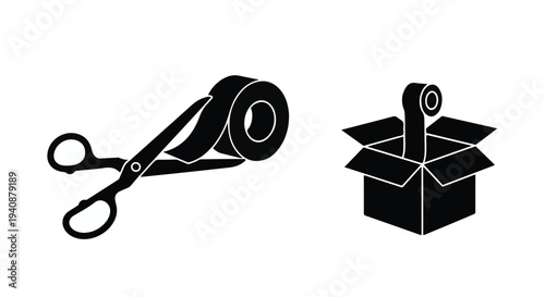 Cutting tape with scissors and open box