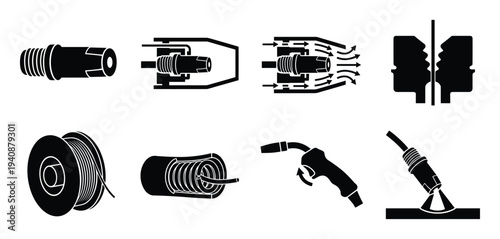 Mig welding contact tip icons set, spool wire and welding process illustrations, nozzle gas shield and seam weld.