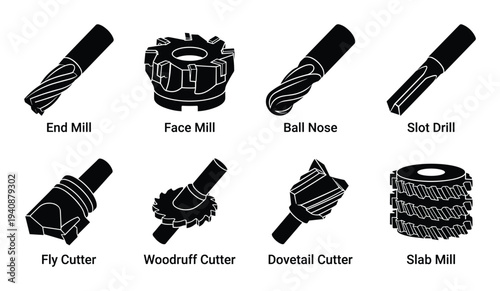 Milling Machine Cutter Head Icons: End Mill, Face Mill, Ball Nose, Slot Drill, Fly Cutter, Woodruff Cutter, Dovetail Cutter, Slab Mill