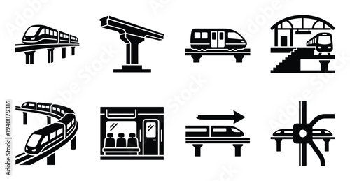 Monorail elevated track vector set illustration. Elevated train transport system icons in black and white style for city transport projects.