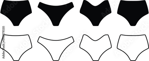 Women Panties Set Vector Illustration, Female Underwear Silhouette Collection, Lingerie Outline and Solid Icons Isolated on White Background