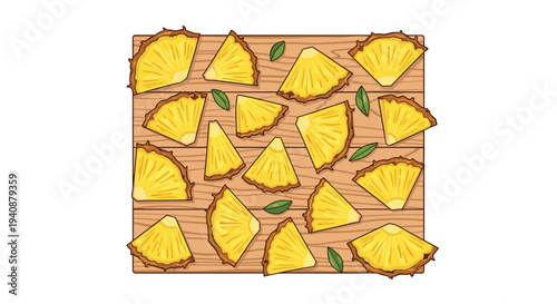Numerous triangular pineapple slices and green mint leaves are neatly arranged on a light brown wooden board.