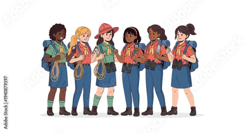 Illustration of a diverse group of Girl Scouts in blue uniforms and orange vests standing together on a white background, symbolizing unity and friendship on National Girl Scout Day.