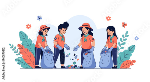 Illustration of diverse group of people participating in a national event with trash bags and cleaning up, on a colorful background with plants and flowers, symbolizing a community service