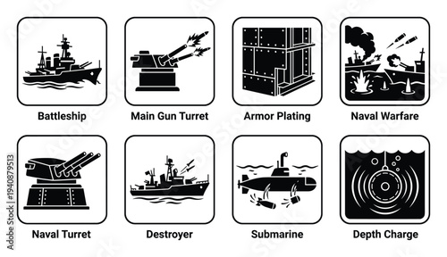 Naval Warfare Icons: Battleship, Turret, Armor, Submarine, Destroyer, Depth Charge designs. Black and White style icon designs.