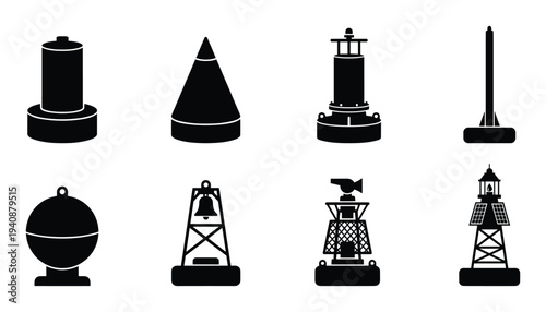 Navigational buoy shapes vector icon set. Marine markers, different types of floating aids to navigation symbols collection
