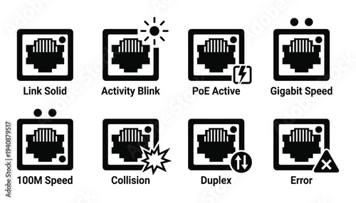 Network switch RJ45 port icons, including Link Solid, Activity Blink, PoE Active, Gigabit, 100M, Collision, Duplex, Error