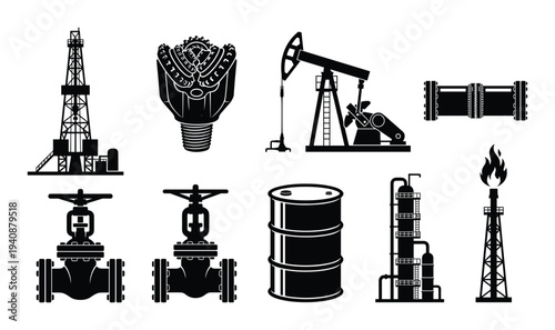 Oil and gas industry icons set: drilling rig, drill bit, pump jack, pipeline, valve, barrel, refinery tower, flare stack vector illustration