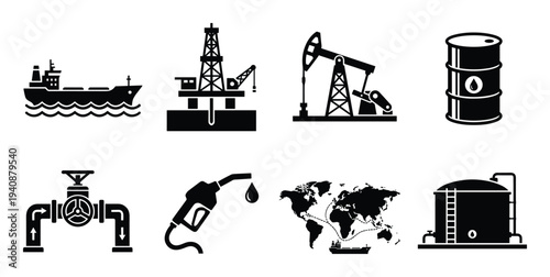 Oil Industry Icons Set: Oil Tanker, Drilling Rig, Pumpjack, Barrel, Valve, Fuel Nozzle, Global Map, Storage Tank Vector Illustration