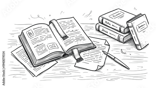 Open books with bookmarks and handwritten pages on wooden table, fountain pen with manuscript, reading, writing illustration