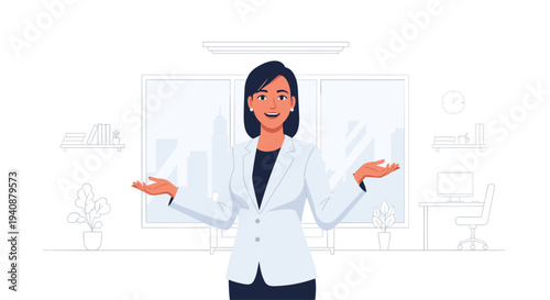 A smiling woman in a white blazer stands with open hands in a minimalist office setting.