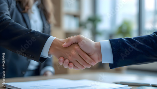 Close up of people shaking hands at table, professional business partners concluding deal and successful collaboration in modern office environment concept