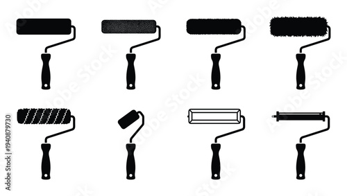 Paint Roller Nap Silhouette Collection: Different types of Paint rollers, nap thickness and materials paint roller set illustration