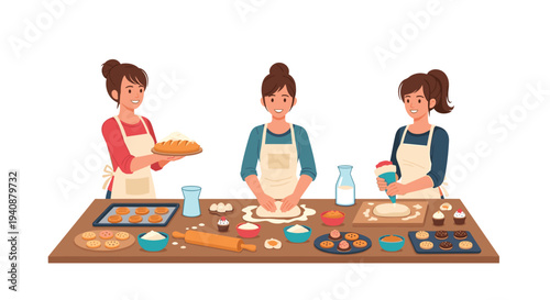 Three women are actively baking around a wooden table, preparing bread, kneading dough, and decorating cupcakes.