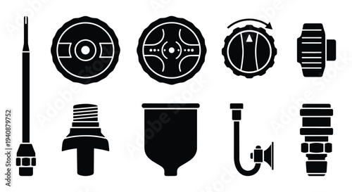 Paint spray gun components icons collection. Airbrush parts detailed diagram. Black and white illustration for repair guide.
