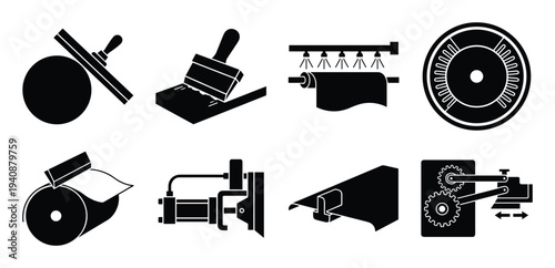 Papermaking process vector illustration, detailed silhouette collection, yank machine, coating, drying, calendering, reeling, stock preparation