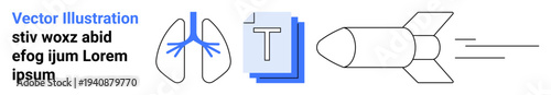 Medical innovation, space exploration, digital tools, knowledge exchange, technological advancements, creativity. Stylized lungs, text graphic and rocket outline. Medical innovation and space