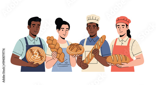 Four diverse bakers, two men and two women, are standing and proudly holding various freshly baked bread loaves against a clean white background.