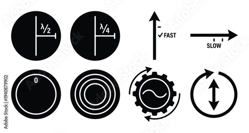 Photonics waveplates vector design, lambda half, lambda quarter, fast slow axis arrows, optics modulation and oscillation symbols