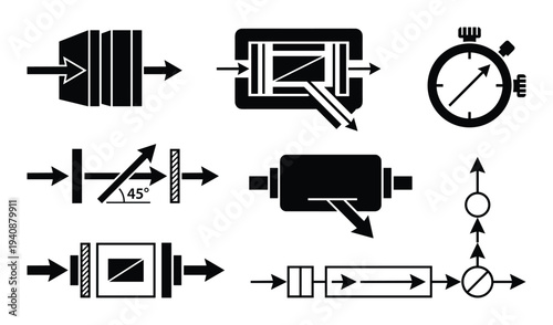 Photonics optical isolator icons with polarizer, splitter, timer, beam displacer, optical element vector illustration