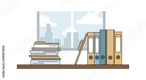 A wooden shelf displays a stack of papers and five colorful binders in front of a large window with a city skyline view.