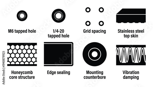 Photonics components icons featuring optical table elements and vibration damping details for scientific equipment design