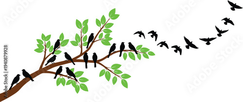 Bird silhouettes resting and flying from leafy tree branches illustration symbolizing freedom migration and peaceful spring nature scene design
