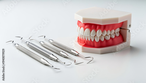 Dental instruments and Teeth Model: This image shows meticulous dental tools alongside a detailed model, emphasizing precision and dental care. 
