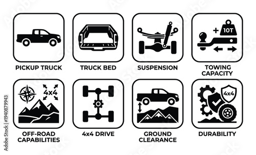 Pickup truck features icons: truck bed, suspension, towing capacity, off-road capabilities, 4x4 drive, ground clearance, durability