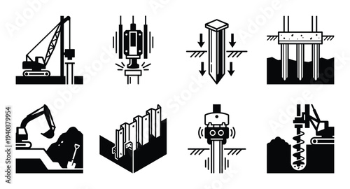 Pile driving construction vector set with hammer, driver, excavator, trenching, auger and soil retention systems