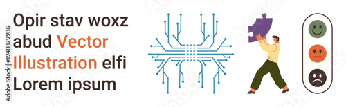 Technology, problem solving, digital interfaces, communication, user feedback, artificial intelligence. Circuit board design, person with puzzle piece feedback emotions. Technology and problem
