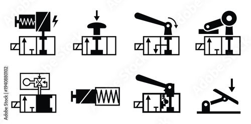 Pneumatic valve detailed silhouette collection, directional control valve system, actuator, mechanism, spool valve, automation