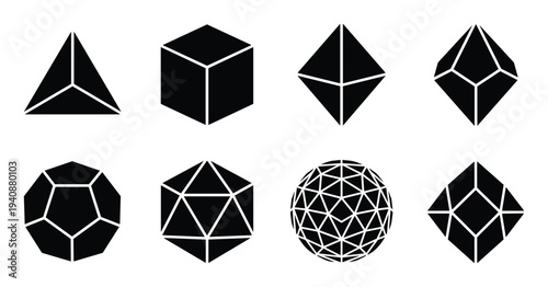 Polyhedral die collection silhouette vector. Platonic solids set with tetrahedron, cube, octahedron, dodecahedron, icosahedron.