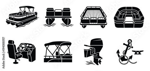 Pontoon boat icons set vector illustration. Contains pontoon, tube, helm, anchor, engine, chair and other pontoon boat elements.