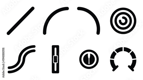 Potentiometer rotary switch control elements detailed silhouette collection. Knobs, slider, curved arrows, and spiral elements.